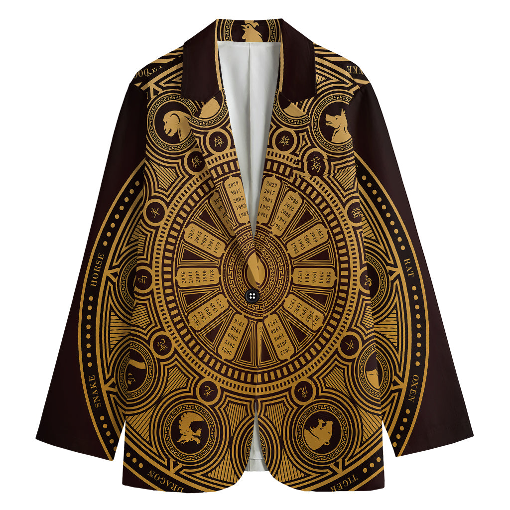 Chinese Zodiac Calendar Signs Print Women's Cotton Blazer