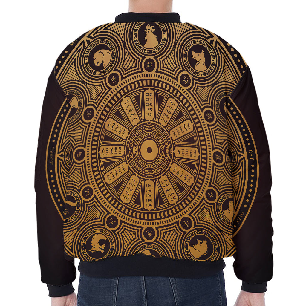 Chinese Zodiac Calendar Signs Print Zip Sleeve Bomber Jacket