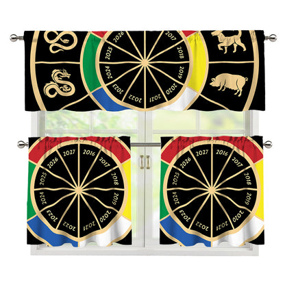 Chinese Zodiac Calendar Wheel Print 3 Piece Kitchen Curtains