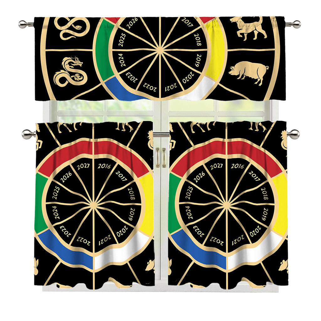 Chinese Zodiac Calendar Wheel Print 3 Piece Kitchen Curtains
