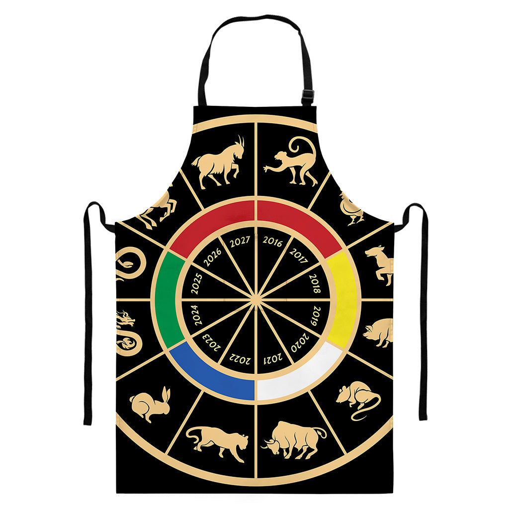 Chinese Zodiac Calendar Wheel Print Bib Apron With Pocket