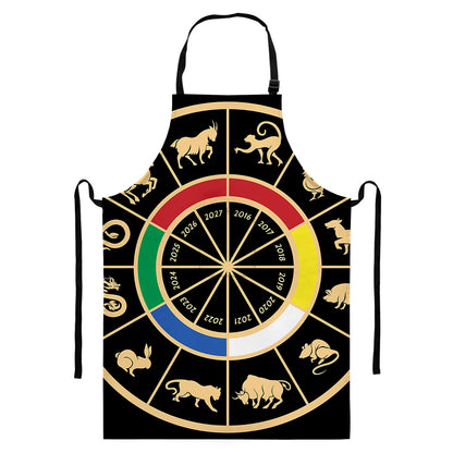 Chinese Zodiac Calendar Wheel Print Bib Apron With Pocket
