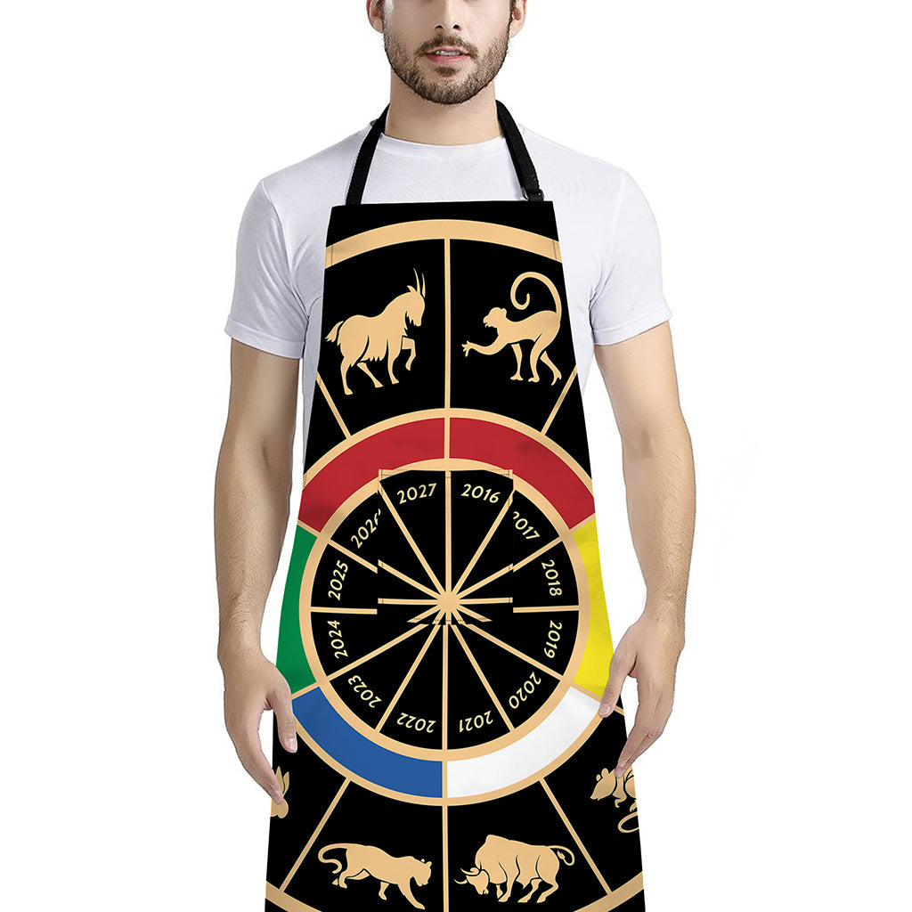 Chinese Zodiac Calendar Wheel Print Bib Apron With Pocket