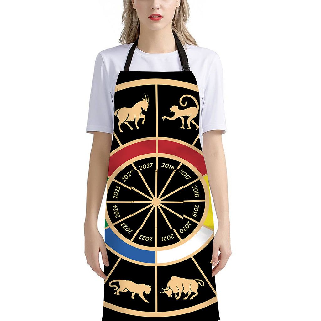 Chinese Zodiac Calendar Wheel Print Bib Apron With Pocket