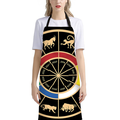 Chinese Zodiac Calendar Wheel Print Bib Apron With Pocket