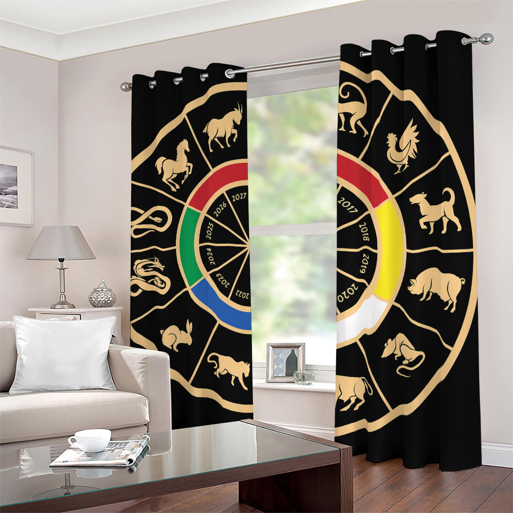 Chinese Zodiac Calendar Wheel Print Blackout Grommet Curtains