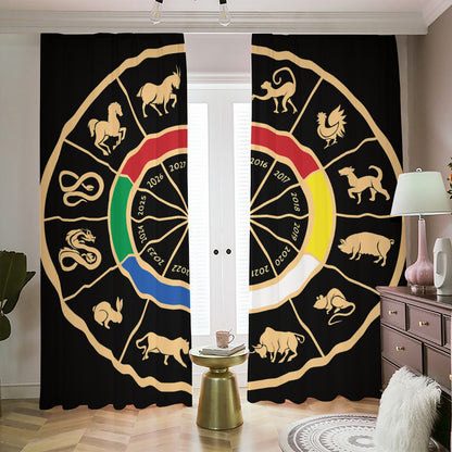Chinese Zodiac Calendar Wheel Print Blackout Pencil Pleat Curtains