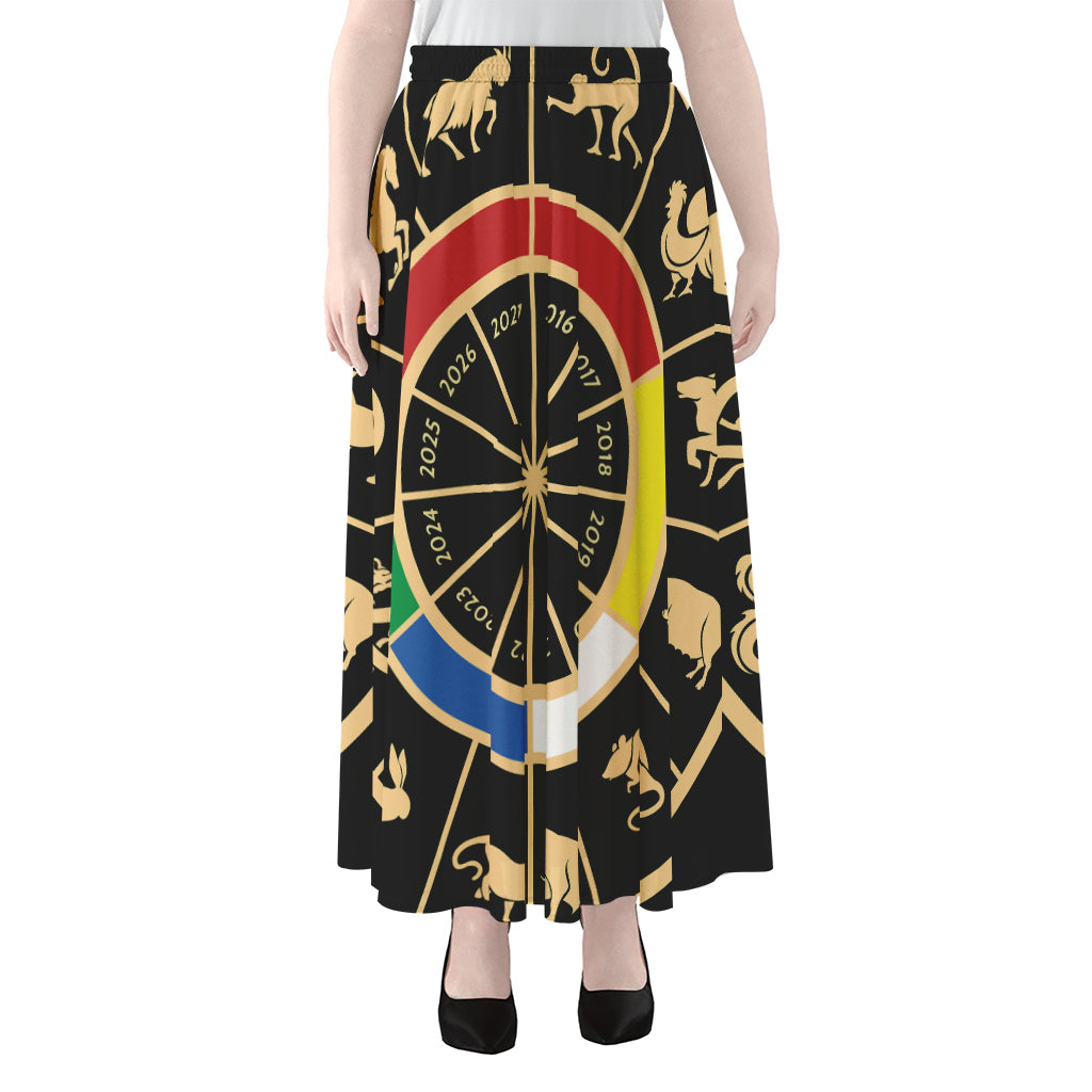Chinese Zodiac Calendar Wheel Print Chiffon Maxi Skirt