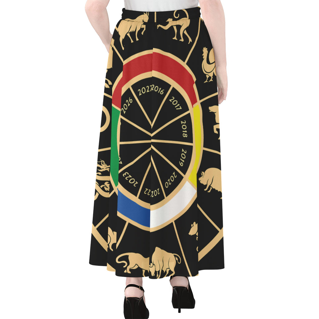 Chinese Zodiac Calendar Wheel Print Chiffon Maxi Skirt