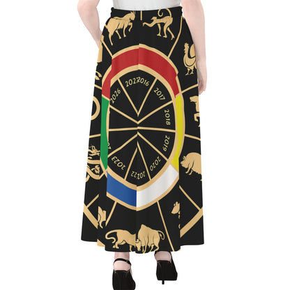 Chinese Zodiac Calendar Wheel Print Chiffon Maxi Skirt