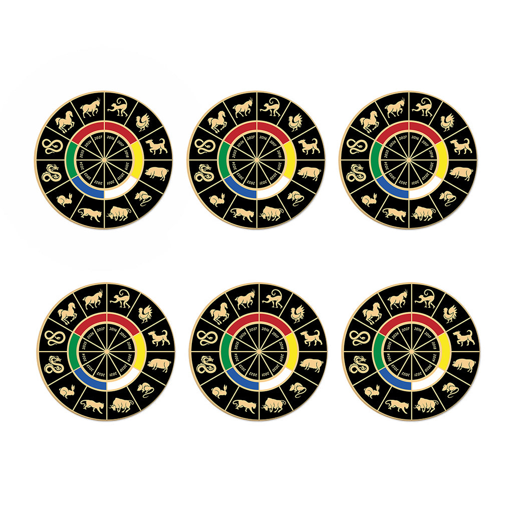 Chinese Zodiac Calendar Wheel Print Coaster Set