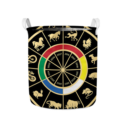 Chinese Zodiac Calendar Wheel Print Collapsible Laundry Basket