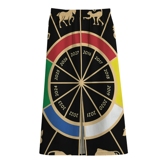 Chinese Zodiac Calendar Wheel Print Cotton Front Slit Maxi Skirt
