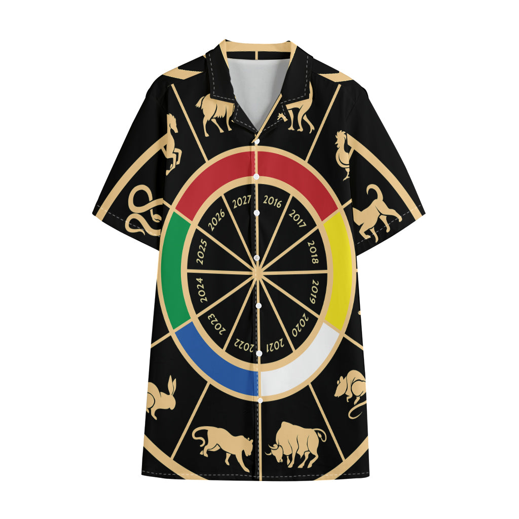 Chinese Zodiac Calendar Wheel Print Cotton Hawaiian Shirt
