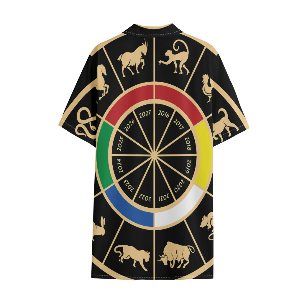 Chinese Zodiac Calendar Wheel Print Cotton Hawaiian Shirt