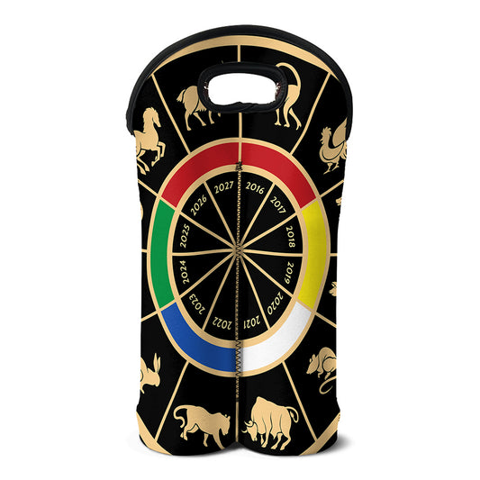 Chinese Zodiac Calendar Wheel Print Double Neoprene Wine Tote