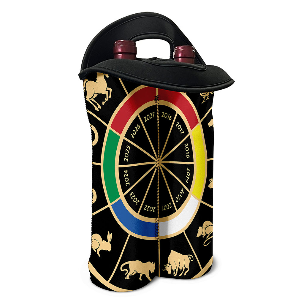 Chinese Zodiac Calendar Wheel Print Double Neoprene Wine Tote
