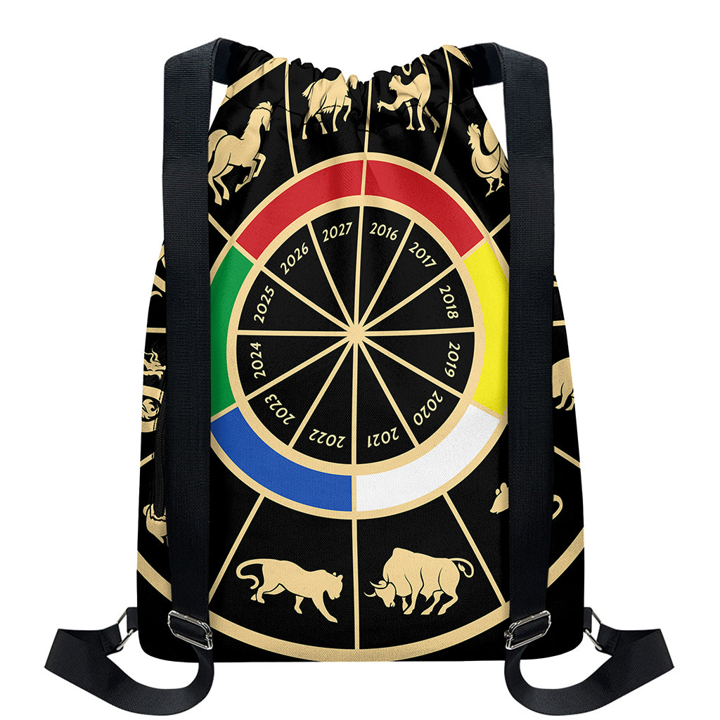 Chinese Zodiac Calendar Wheel Print Drawstring Backpack