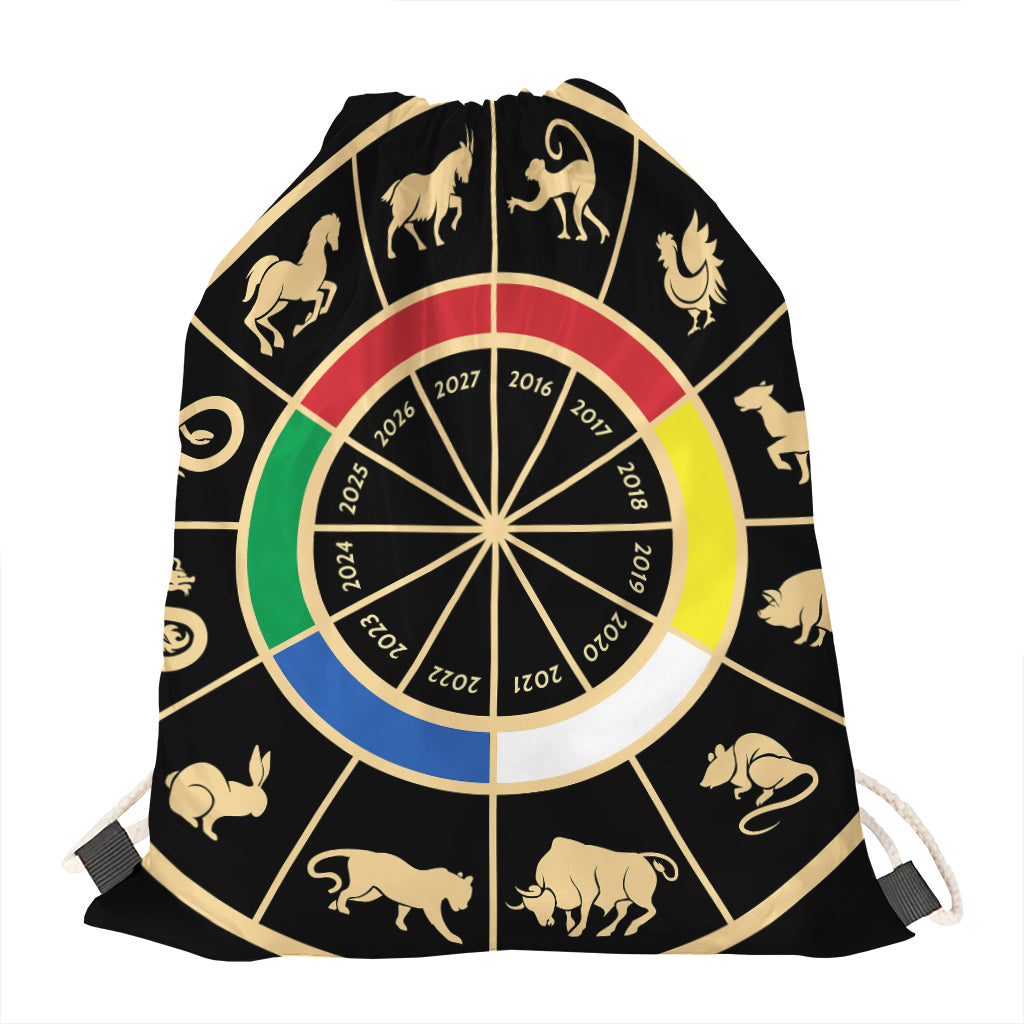 Chinese Zodiac Calendar Wheel Print Drawstring Bag