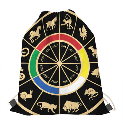 Chinese Zodiac Calendar Wheel Print Drawstring Bag