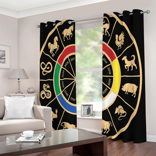 Chinese Zodiac Calendar Wheel Print Extra Wide Grommet Curtains