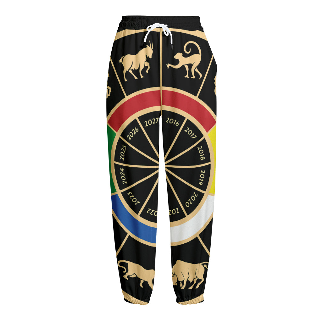 Chinese Zodiac Calendar Wheel Print Fleece Lined Knit Pants