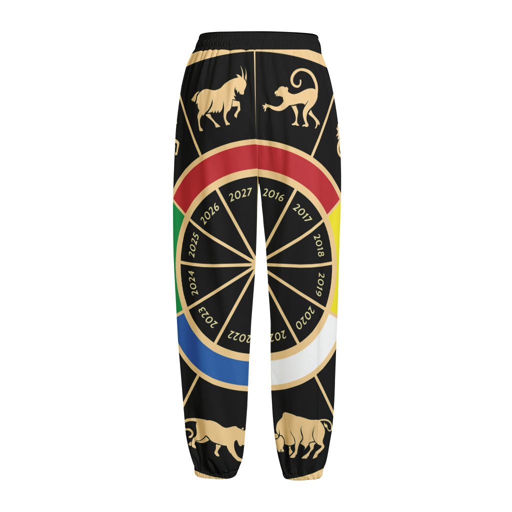 Chinese Zodiac Calendar Wheel Print Fleece Lined Knit Pants