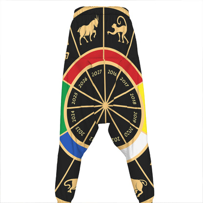 Chinese Zodiac Calendar Wheel Print Hammer Pants