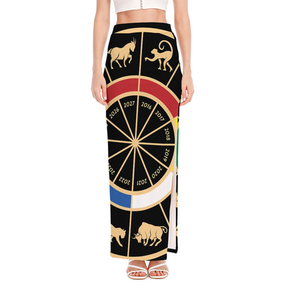 Chinese Zodiac Calendar Wheel Print High Slit Maxi Skirt