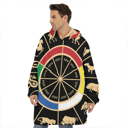 Chinese Zodiac Calendar Wheel Print Hoodie Blanket