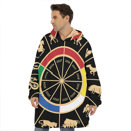 Chinese Zodiac Calendar Wheel Print Hoodie Blanket