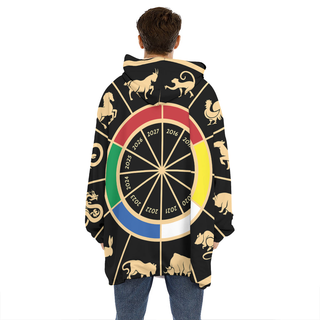 Chinese Zodiac Calendar Wheel Print Hoodie Blanket