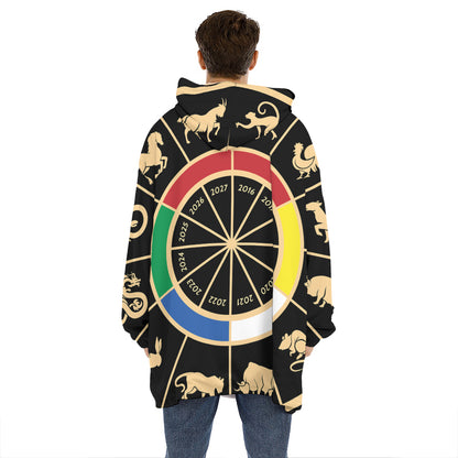 Chinese Zodiac Calendar Wheel Print Hoodie Blanket