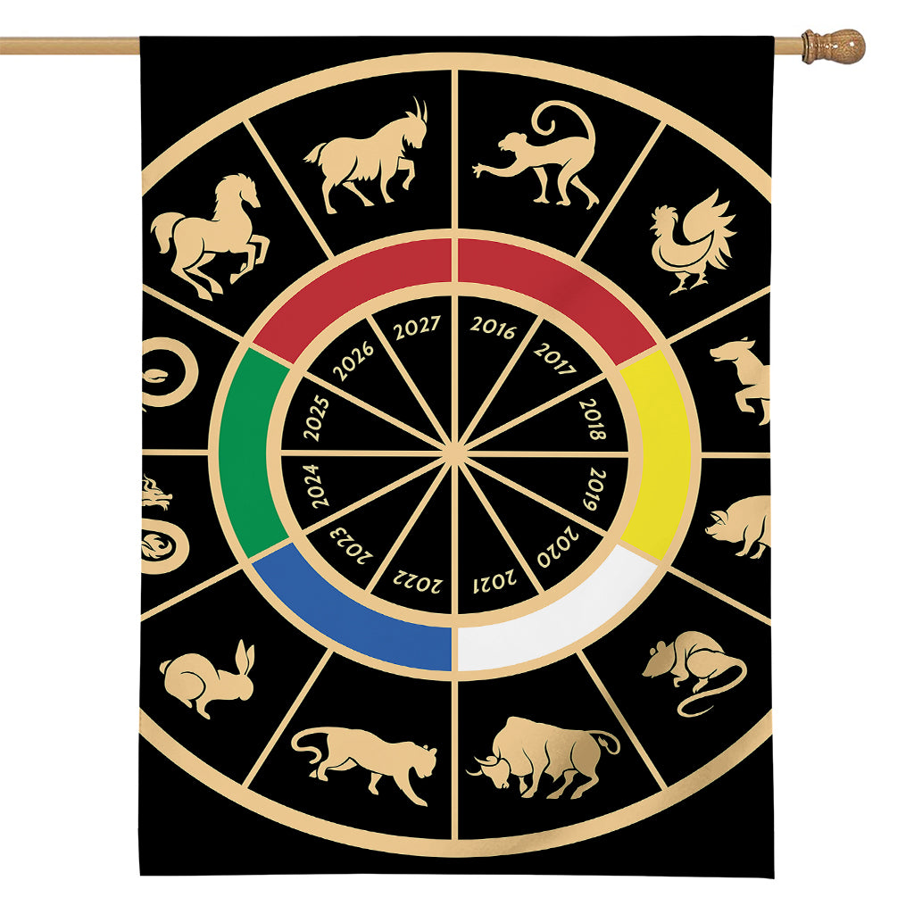 Chinese Zodiac Calendar Wheel Print House Flag