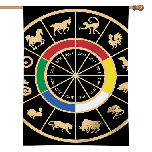 Chinese Zodiac Calendar Wheel Print House Flag
