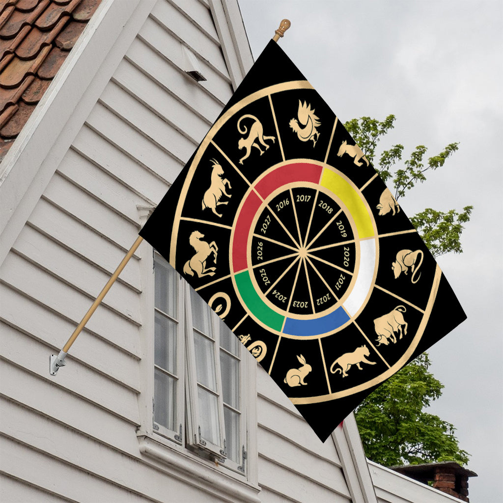 Chinese Zodiac Calendar Wheel Print House Flag