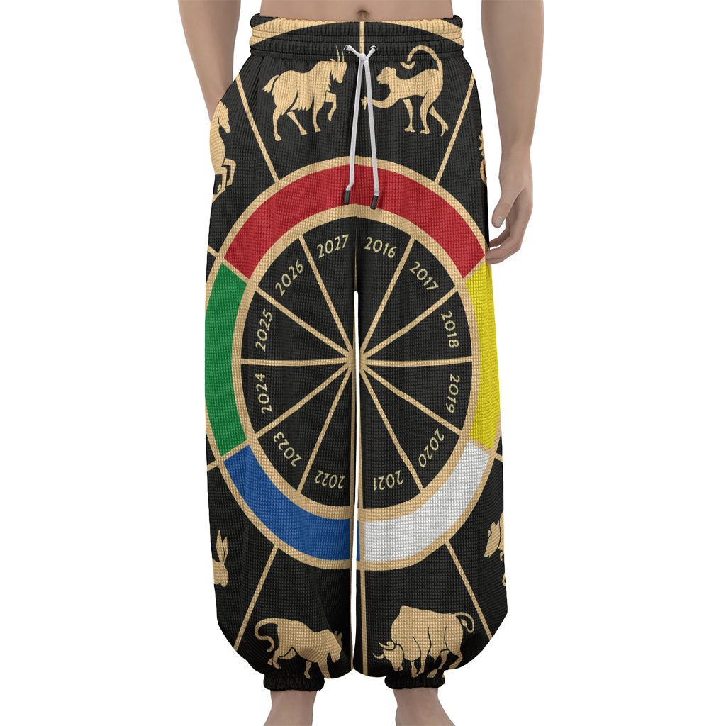 Chinese Zodiac Calendar Wheel Print Lantern Pants