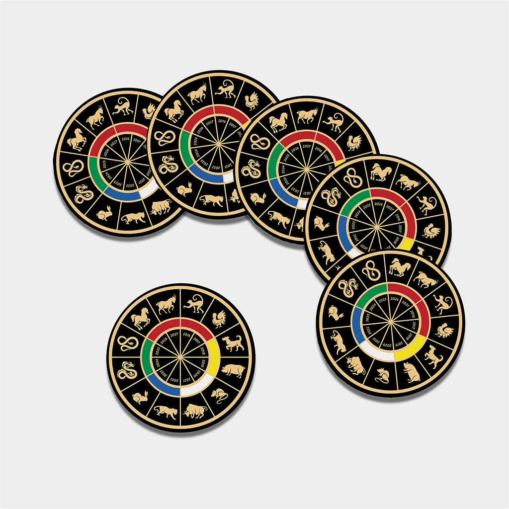 Chinese Zodiac Calendar Wheel Print Leather Coaster Set