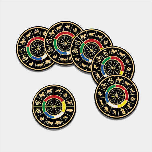 Chinese Zodiac Calendar Wheel Print Leather Coaster Set
