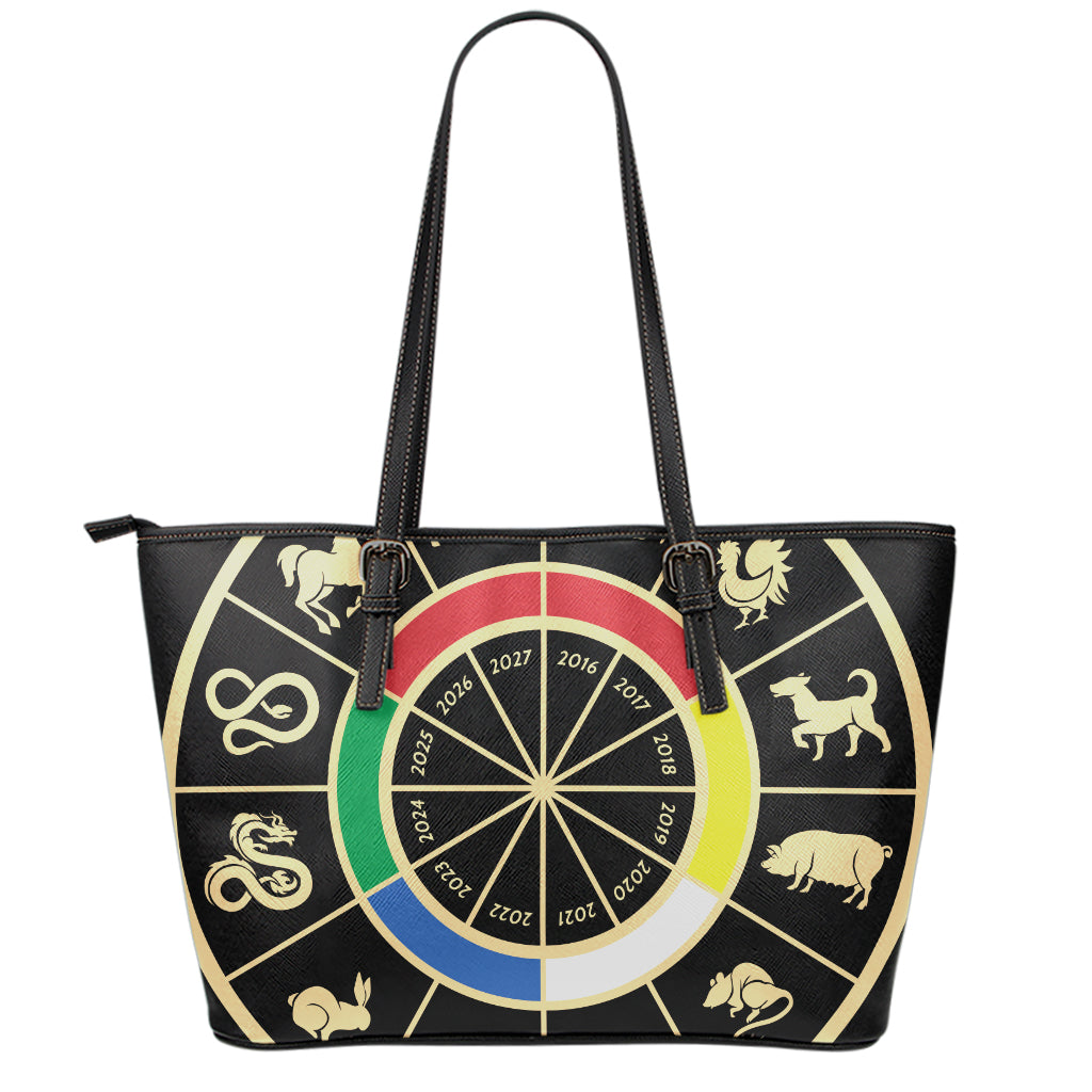 Chinese Zodiac Calendar Wheel Print Leather Tote Bag