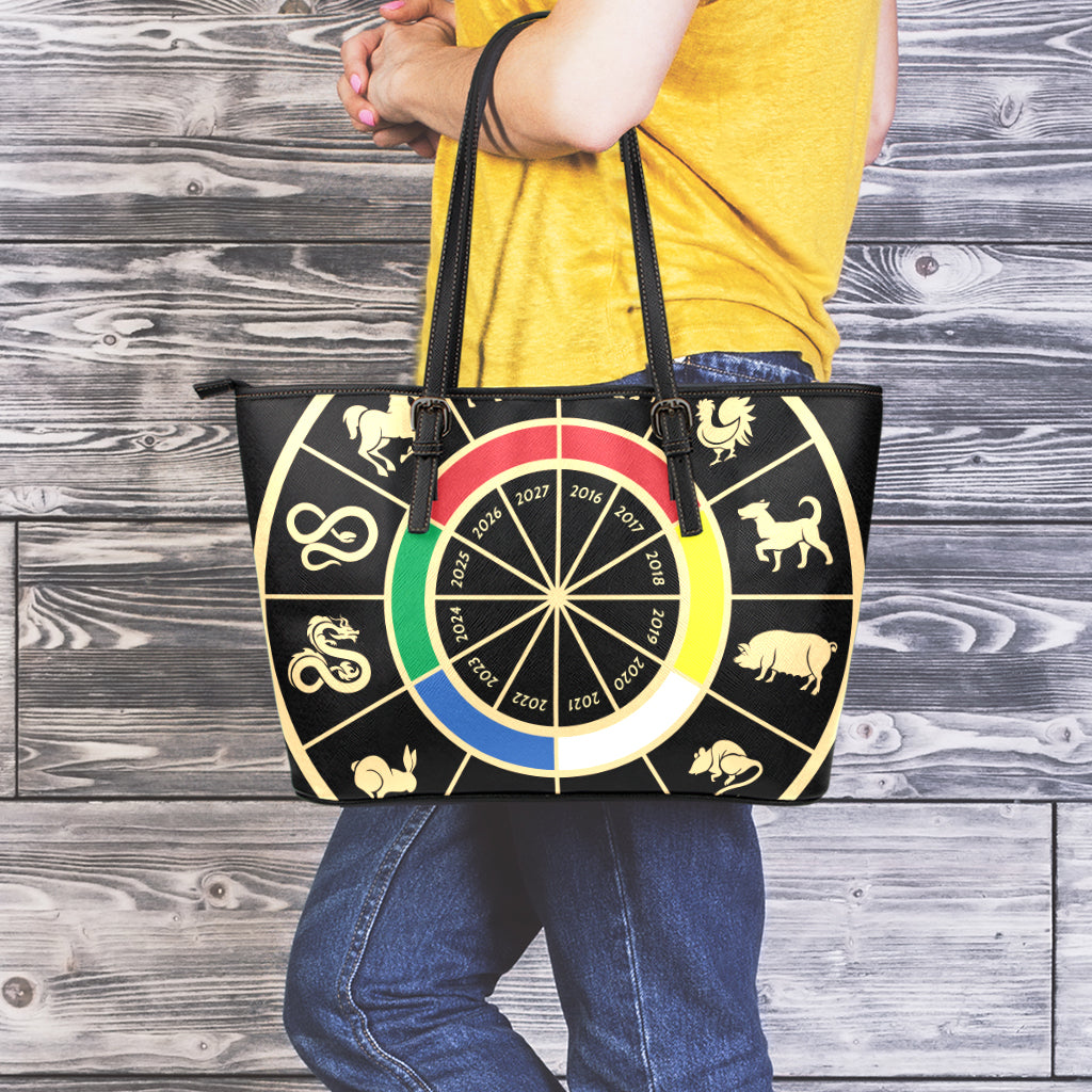 Chinese Zodiac Calendar Wheel Print Leather Tote Bag
