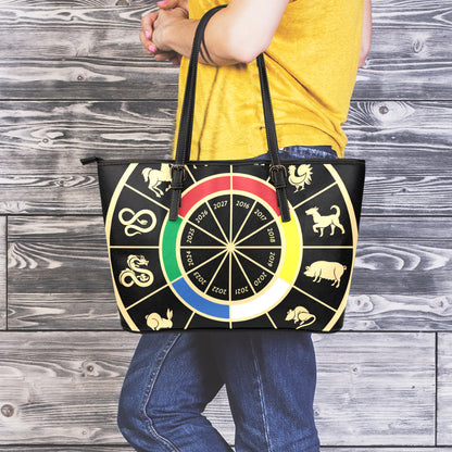 Chinese Zodiac Calendar Wheel Print Leather Tote Bag