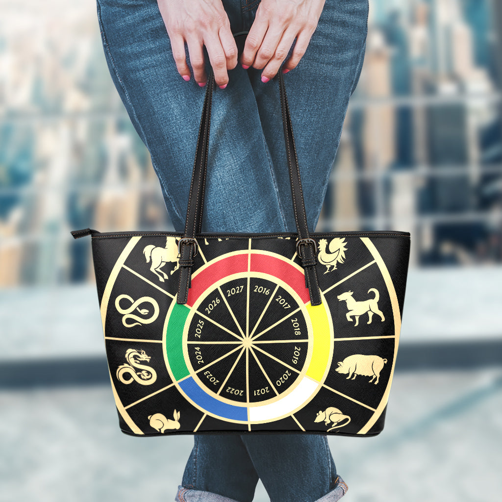 Chinese Zodiac Calendar Wheel Print Leather Tote Bag