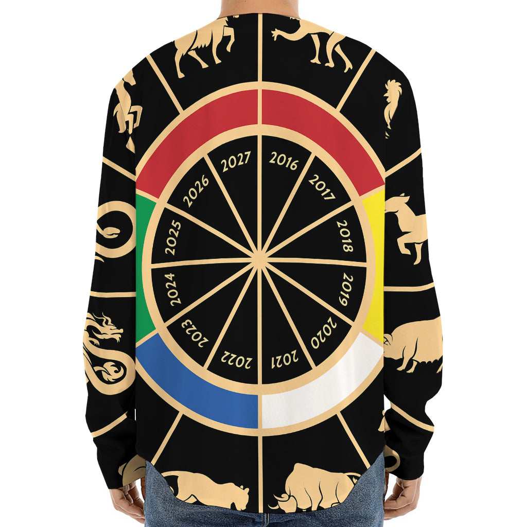 Chinese Zodiac Calendar Wheel Print Long Sleeve Baseball Jersey