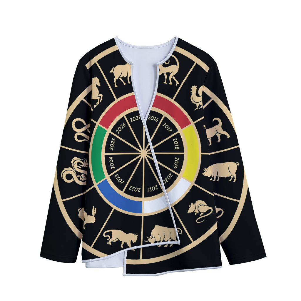 Chinese Zodiac Calendar Wheel Print Long Sleeve Short Coat