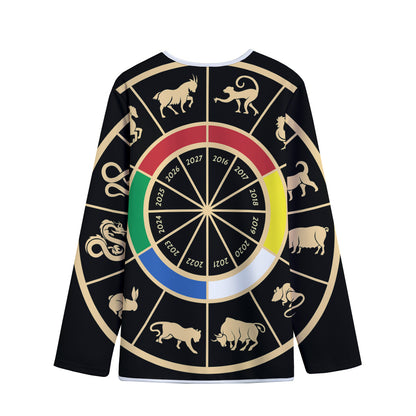 Chinese Zodiac Calendar Wheel Print Long Sleeve Short Coat