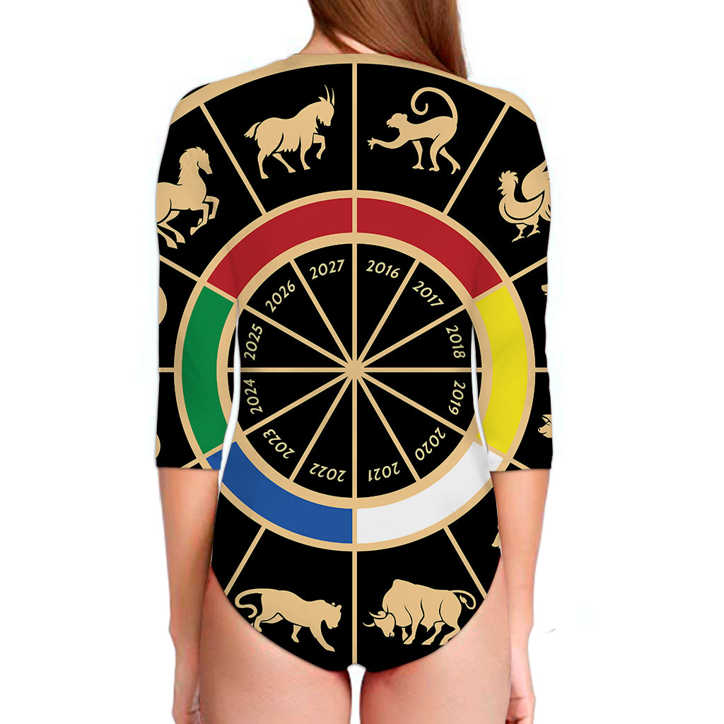 Chinese Zodiac Calendar Wheel Print Long Sleeve Swimsuit