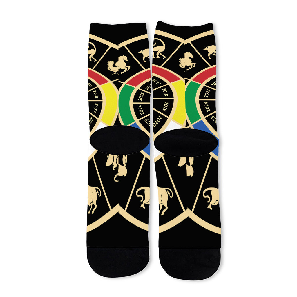 Chinese Zodiac Calendar Wheel Print Long Socks