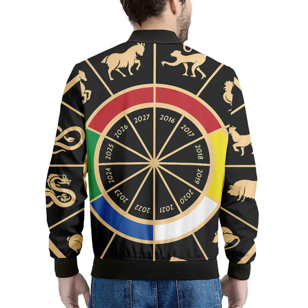 Chinese Zodiac Calendar Wheel Print Men's Bomber Jacket