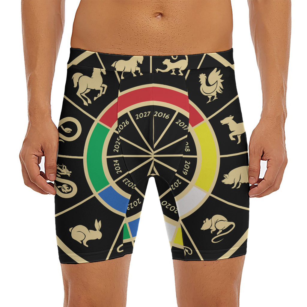 Chinese Zodiac Calendar Wheel Print Men's Long Boxer Briefs